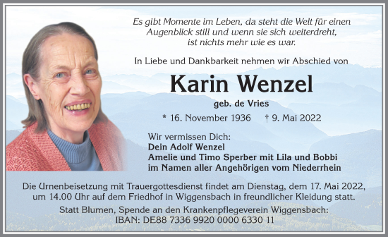 Traueranzeige von Karin Wenzel von Allgäuer Zeitung,Kempten