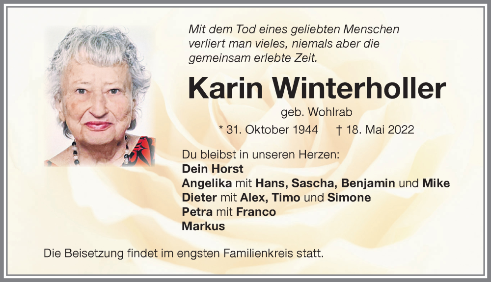  Traueranzeige für Karin Winterholler vom 25.05.2022 aus Memminger Zeitung