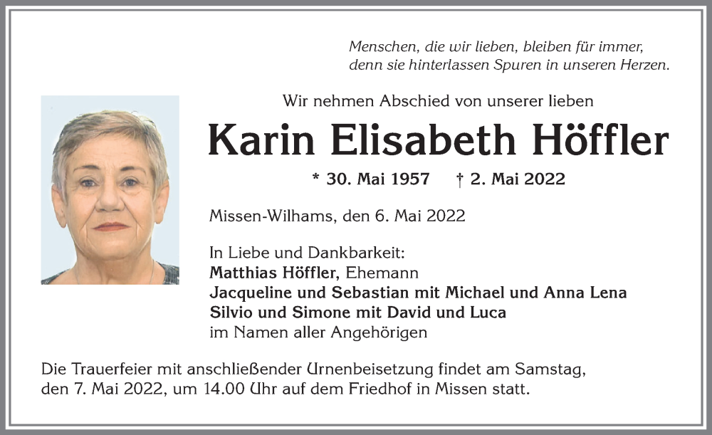  Traueranzeige für Karin Elisabeth Höffler vom 06.05.2022 aus Allgäuer Anzeigeblatt