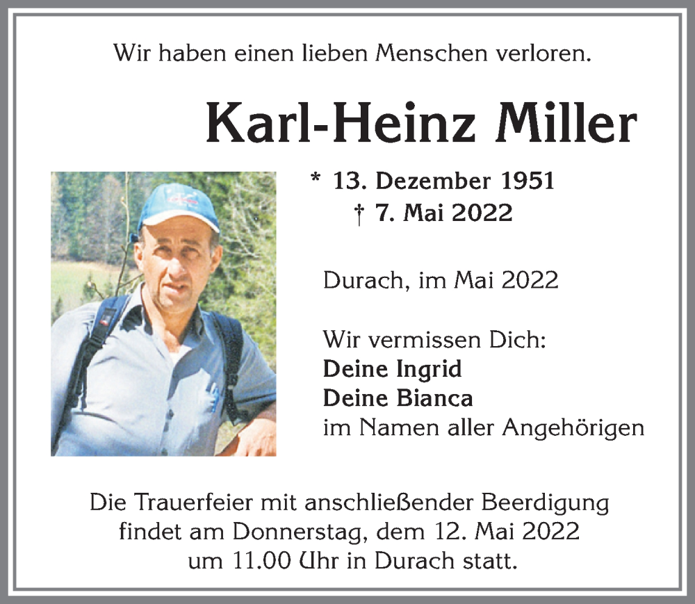  Traueranzeige für Karl-Heinz Miller vom 10.05.2022 aus Allgäuer Zeitung,Kempten