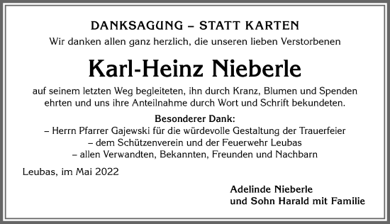 Traueranzeige von Karl-Heinz Nieberle von Allgäuer Zeitung,Kempten