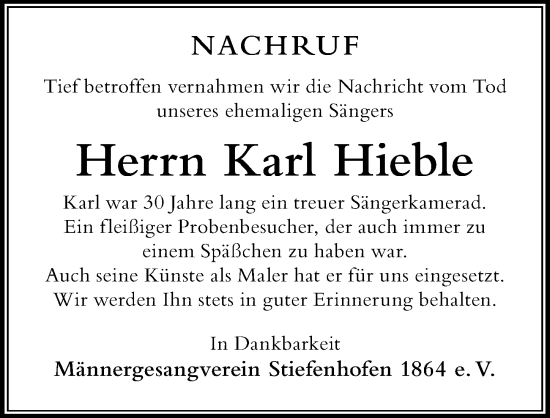 Traueranzeige von Karl Hieble von Der Westallgäuer