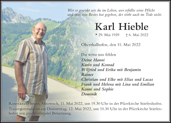 Traueranzeige von Karl Hieble von Der Westallgäuer