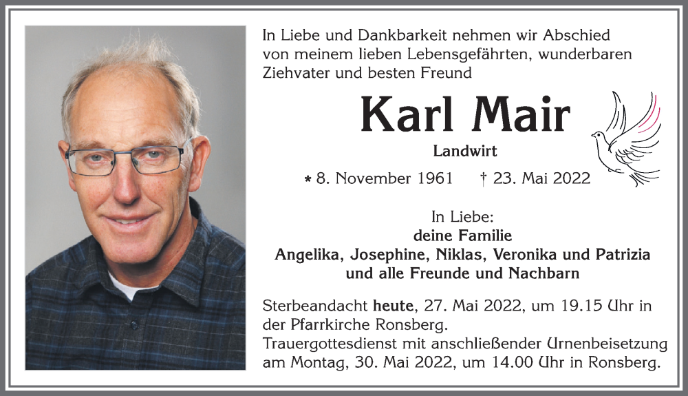  Traueranzeige für Karl Mair vom 27.05.2022 aus Allgäuer Zeitung, Marktoberdorf