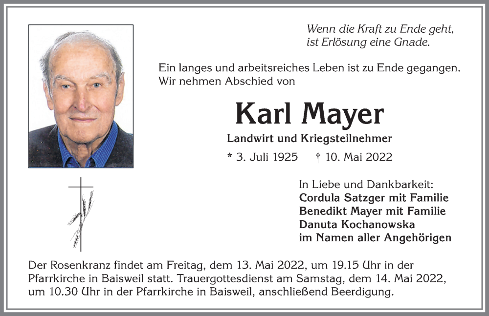  Traueranzeige für Karl Mayer vom 12.05.2022 aus Allgäuer Zeitung, Kaufbeuren/Buchloe