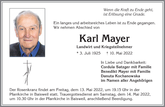 Traueranzeige von Karl Mayer von Allgäuer Zeitung, Kaufbeuren/Buchloe