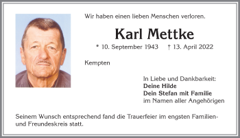 Traueranzeige von Karl Mettke von Allgäuer Zeitung,Kempten