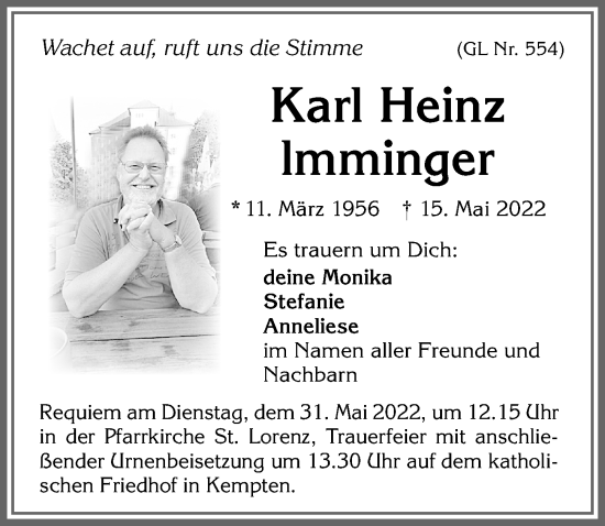Traueranzeige von Karl Heinz Imminger von Allgäuer Zeitung,Kempten
