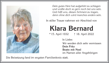 Traueranzeige von Klara Bernard von Allgäuer Zeitung,Kempten
