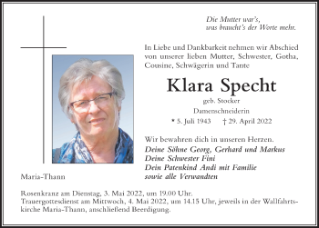 Traueranzeige von Klara Specht von Der Westallgäuer