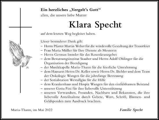 Traueranzeige von Klara Specht von Der Westallgäuer