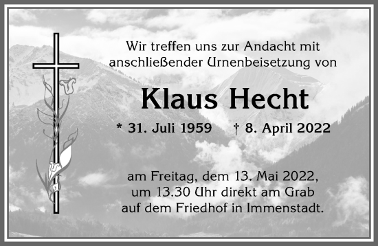 Traueranzeige von Klaus Hecht von Allgäuer Anzeigeblatt