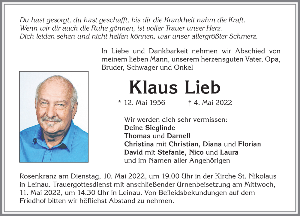  Traueranzeige für Klaus Lieb vom 07.05.2022 aus Allgäuer Zeitung, Kaufbeuren/Buchloe