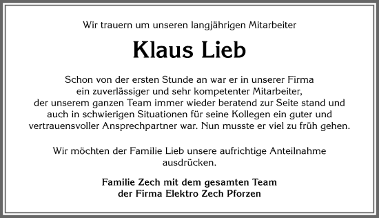 Traueranzeige von Klaus Lieb von Allgäuer Zeitung, Kaufbeuren/Buchloe