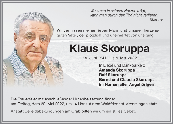 Traueranzeige von Klaus Skoruppa von Memminger Zeitung
