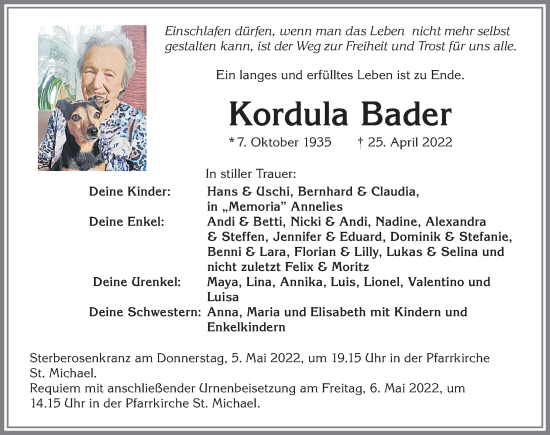 Traueranzeige von Kordula Bader von Allgäuer Zeitung, Kaufbeuren/Buchloe