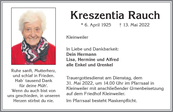 Traueranzeige von Kreszentia Rauch von Allgäuer Zeitung,Kempten