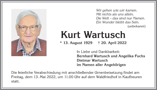 Traueranzeige von Kurt Wartusch von Allgäuer Zeitung, Kaufbeuren/Buchloe