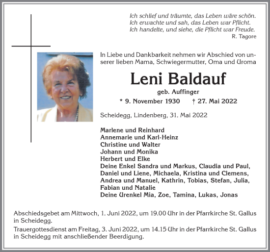 Traueranzeige von Leni Baldauf von Der Westallgäuer