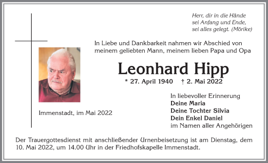 Traueranzeige von Leonhard Hipp von Allgäuer Anzeigeblatt