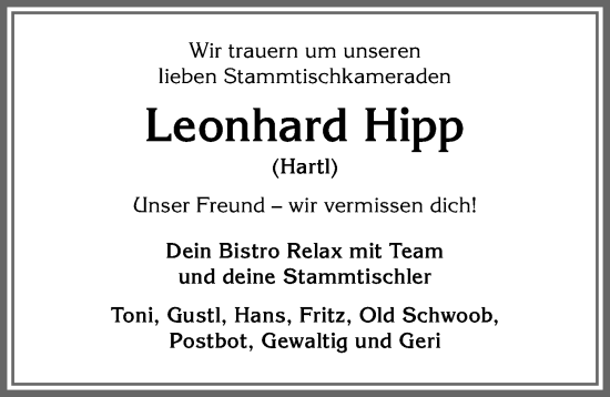 Traueranzeige von Leonhard Hipp von Allgäuer Anzeigeblatt