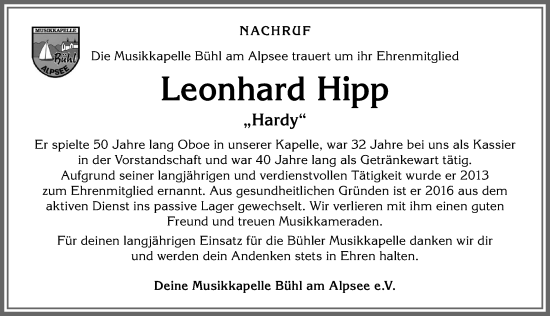 Traueranzeige von Leonhard Hipp von Allgäuer Anzeigeblatt