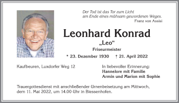 Traueranzeige von Leonhard Konrad von Allgäuer Zeitung, Kaufbeuren/Buchloe