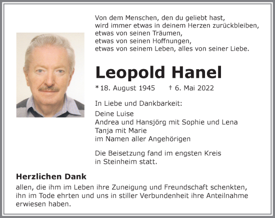 Traueranzeige von Leopold Hanel von Memminger Zeitung