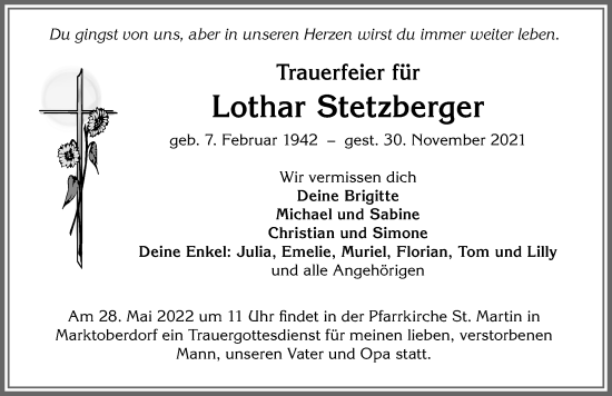Traueranzeige von Lothar Stetzberger von Allgäuer Zeitung, Marktoberdorf