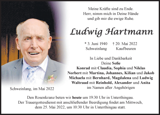 Traueranzeige von Ludwig Hartmann von Allgäuer Zeitung, Marktoberdorf