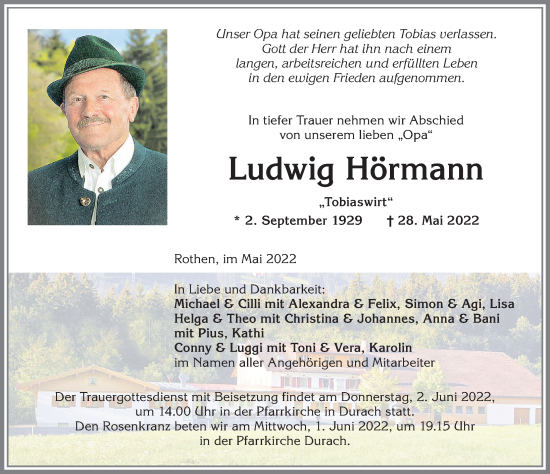Traueranzeige von Ludwig Hörmann von Allgäuer Anzeigeblatt
