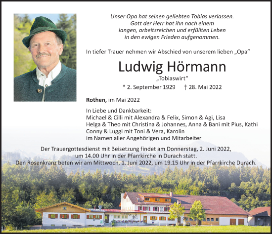 Traueranzeige von Ludwig Hörmann von Allgäuer Zeitung,Kempten
