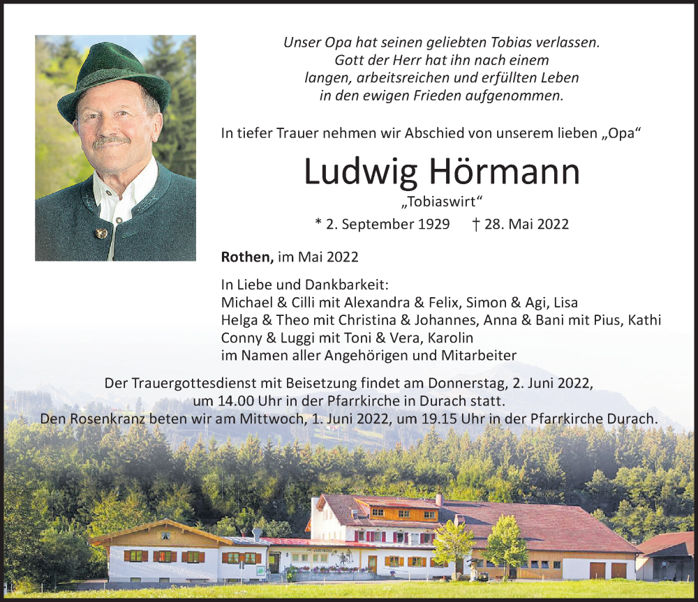  Traueranzeige für Ludwig Hörmann vom 31.05.2022 aus Allgäuer Zeitung,Kempten