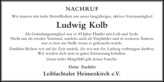 Traueranzeige von Ludwig Kolb von Der Westallgäuer