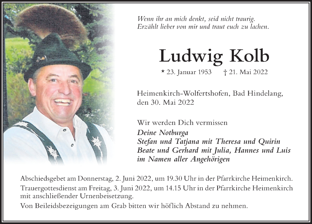  Traueranzeige für Ludwig Kolb vom 30.05.2022 aus Der Westallgäuer