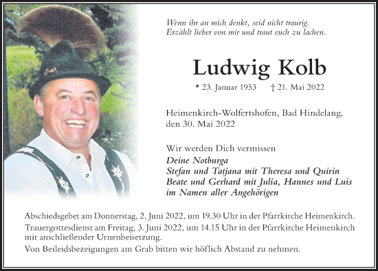 Traueranzeige von Ludwig Kolb von Der Westallgäuer