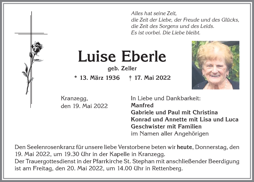  Traueranzeige für Luise Eberle vom 19.05.2022 aus Allgäuer Anzeigeblatt