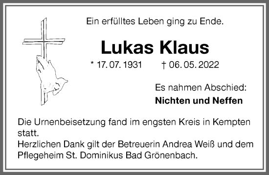 Traueranzeige von Lukas Klaus von Memminger Zeitung