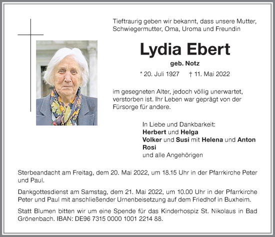 Traueranzeige von Lydia Ebert von Memminger Zeitung