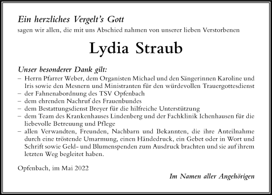 Traueranzeige von Lydia Straub von Der Westallgäuer