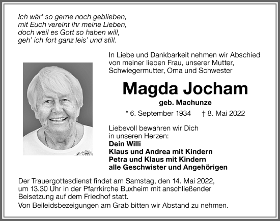 Traueranzeige von Magda Jocham von Memminger Zeitung