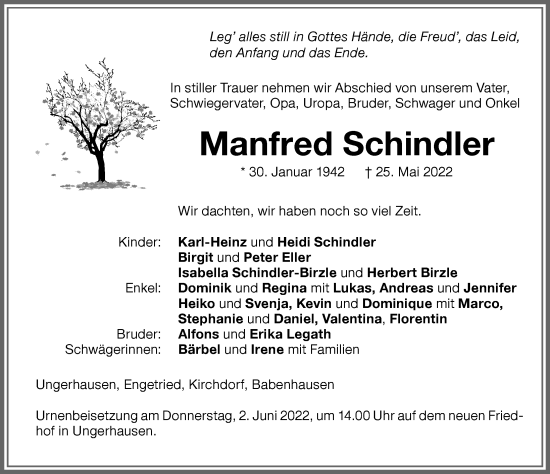 Traueranzeige von Manfred Schindler von Memminger Zeitung
