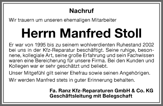 Traueranzeige von Manfred Stoll von Memminger Zeitung