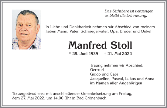 Traueranzeige von Manfred Stoll von Memminger Zeitung
