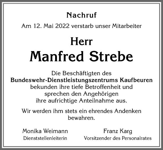 Traueranzeige von Manfred Strebe von Memminger Zeitung