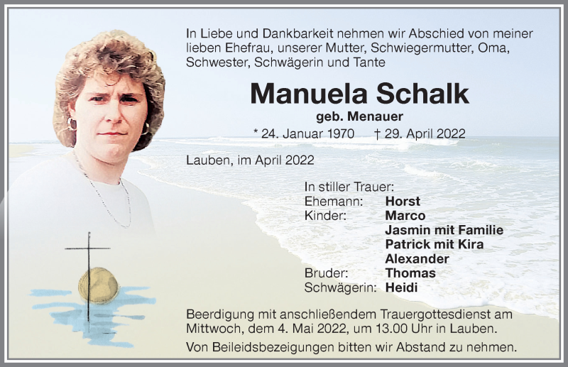  Traueranzeige für Manuela Schalk vom 03.05.2022 aus Allgäuer Zeitung