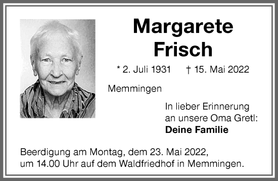 Traueranzeige von Margarete Frisch von Memminger Zeitung