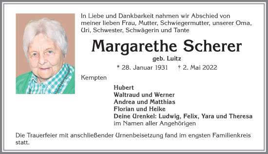 Traueranzeige von Margarethe Scherer von Allgäuer Zeitung,Kempten