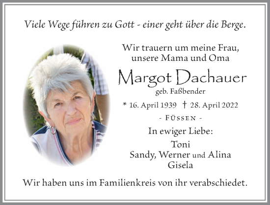 Traueranzeige von Margot Dachauer von Allgäuer Zeitung, Füssen