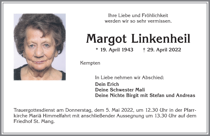  Traueranzeige für Margot Linkenheil vom 03.05.2022 aus Allgäuer Zeitung,Kempten